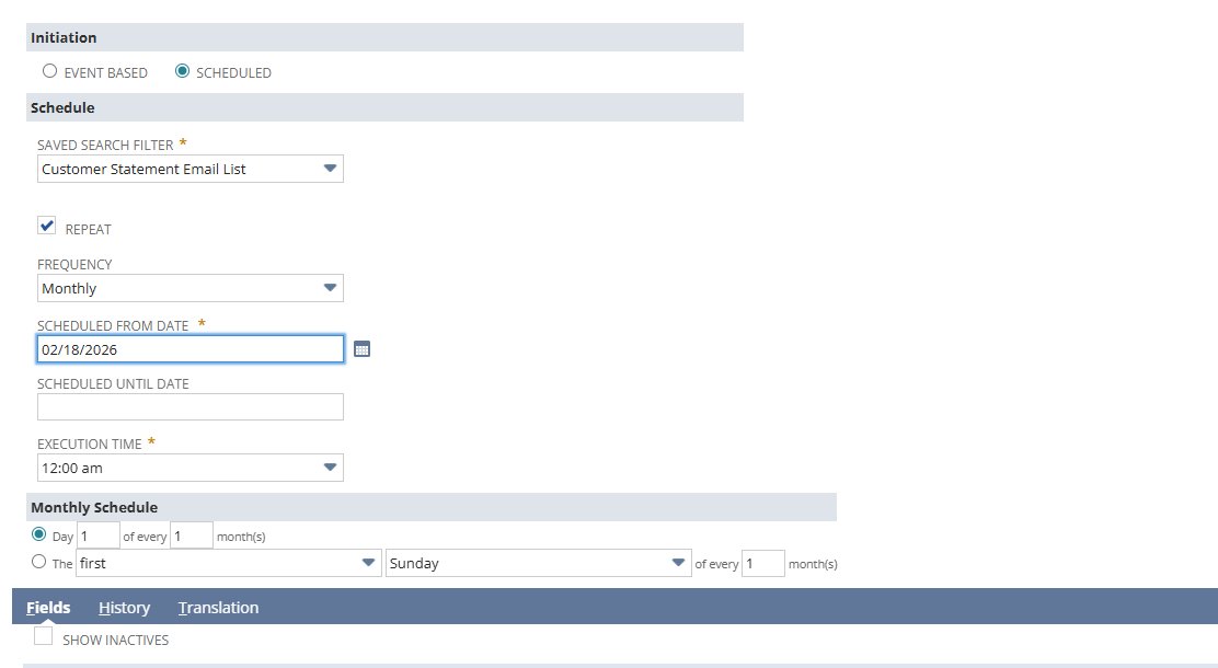 NetSuite workflow schedule configuration — Scheduled initiation, Customer Statement Email List filter, Monthly frequency, Day 1, 12:00am execution time